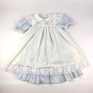 VTG Bryan 2 pc Floral Dress Swiss Dot Pinafore Girls Sz 6 Blue White Prairie Cot